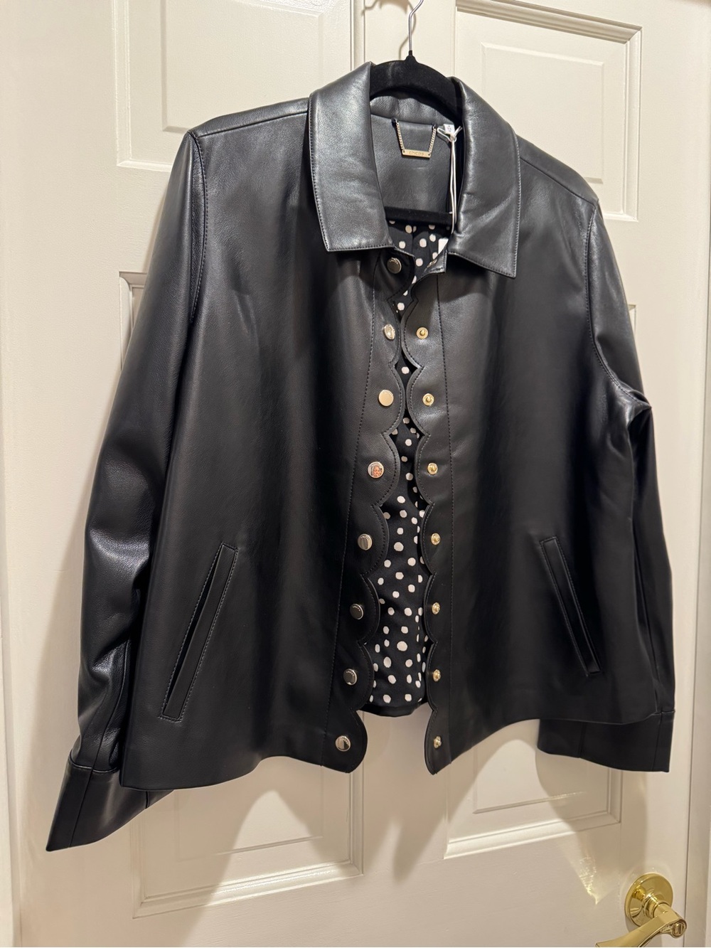 Chico's Black Faux Leather Button-Front Jacket with Scalloped Placket